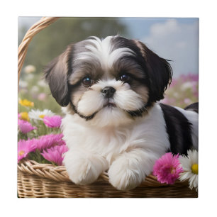 Little Shih Tzu Puppy Basket Flowers Tile