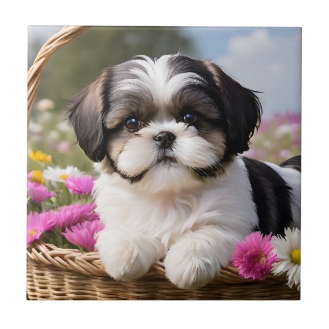 Little Shih Tzu Puppy Basket Flowers Tile (Front)