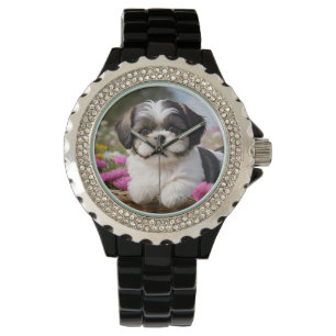 Little Shih Tzu Puppy Basket Flowers Watch