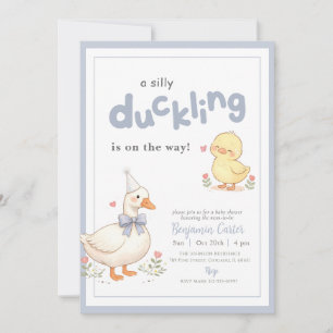 Little Silly Duckling Blue Bow Floral Baby Shower Invitation