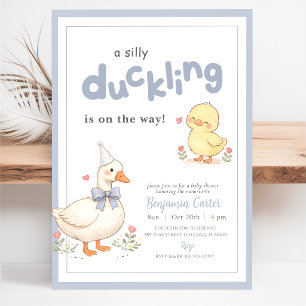 Little Silly Duckling Blue Bow Floral Baby Shower Invitation