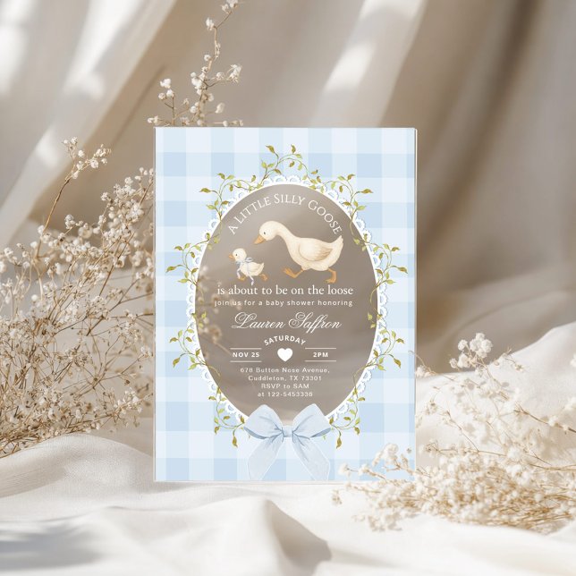 Little Silly Goose Baby Shower Blue Gingham Acrylic Invitations (Creator Uploaded)