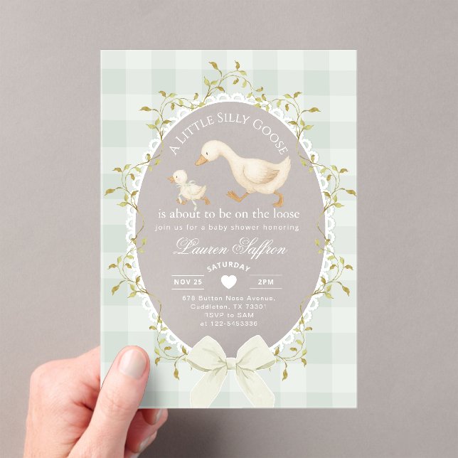 Little Silly Goose Baby Shower Sage Gingham Acrylic Invitations (Insitu (Handheld))