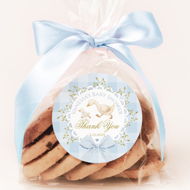 Little Silly Goose Blue Baby Shower Thank you Classic Round Sticker (Creator Uploaded)