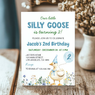 Little Silly Goose Blue Balloon 2nd Birthday Invitation