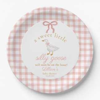 Little Silly Goose Blush Pink Gingham Baby Shower  Paper Plate