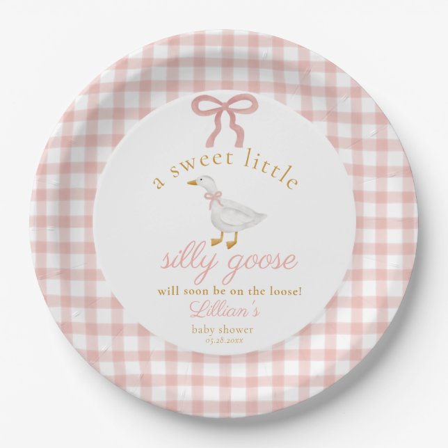 Little Silly Goose Blush Pink Gingham Baby Shower  Paper Plate (Front)