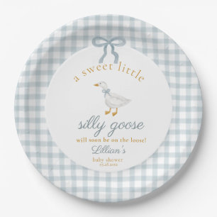 Little Silly Goose Bow Baby Shower Blue Gingham Paper Plate