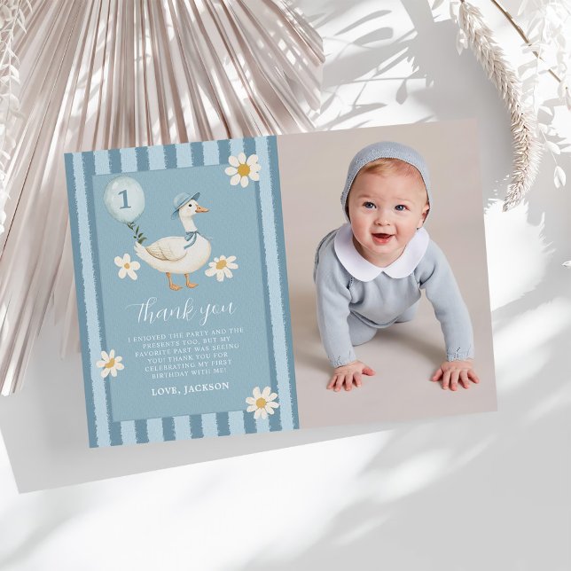 Little Silly Goose Daisy Boy 1st Birthday Photo Thank You Card (Creator Uploaded)