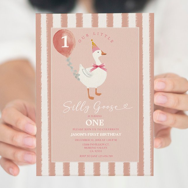 Little Silly Goose Pink Balloon Girl 1st Birthday Invitation (Creator Uploaded)