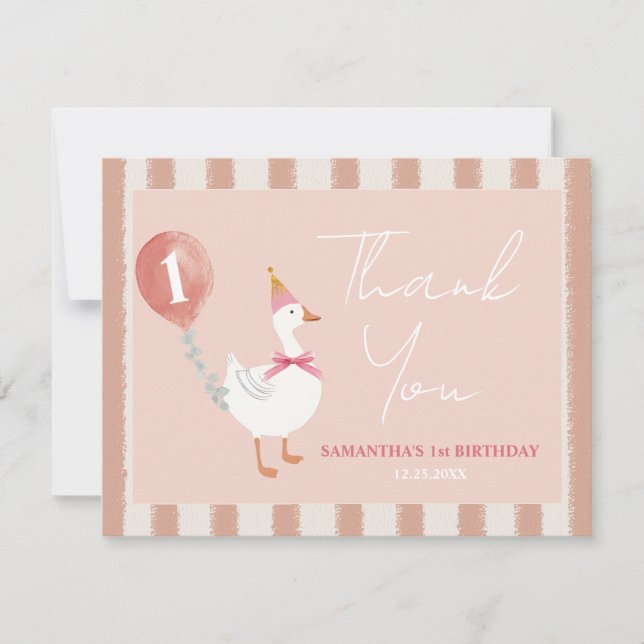 Little Silly Goose Pink Balloon Girl 1st Birthday Thank You Card (Front)