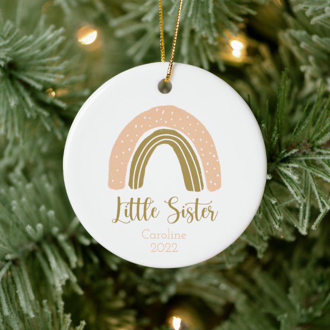 Little Sister Boho Rainbow Pink Gold Personalised Ceramic Tree Decoration (Tree)