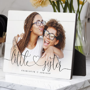 Little Sister Heart Script Gift For Sisters Photo Plaque