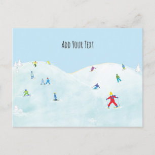 Little Skiers On Snowy Hill Personalised Postcard