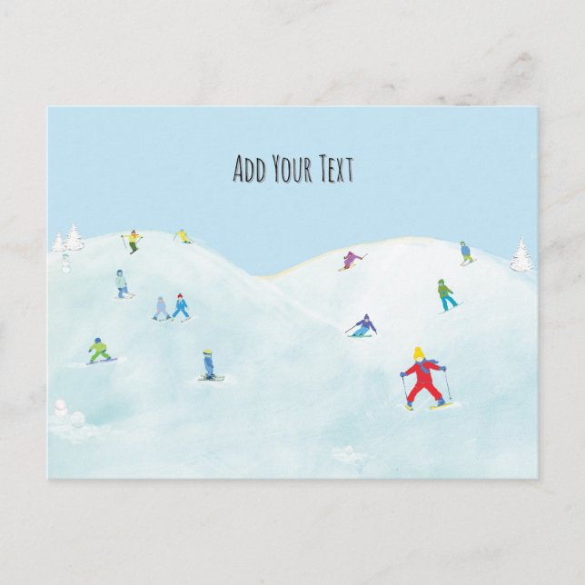 Little Skiers On Snowy Hill Personalised Postcard (Front)