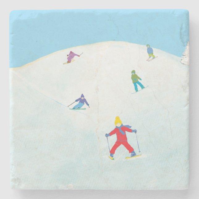 Little Skiers On Snowy Hill  Stone Coaster (Front)