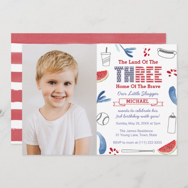 Little Slugger Baseball 3rd Birthday Party Photo Invitation (Front/Back)