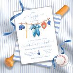 Little slugger Baseball Clothesline Baby Shower In Invitation<br><div class="desc">Little Slugger Baseball Clothesline Baby Shower Invitations. Features watercolor baseball jersey one piece, helmet, sports cap, bat, baseball and glove on clothesline in muted beige, tan and blue colours. All wording can be changed, to any age birthday or to a baby shower. To make more changes go to Personalise this...</div>