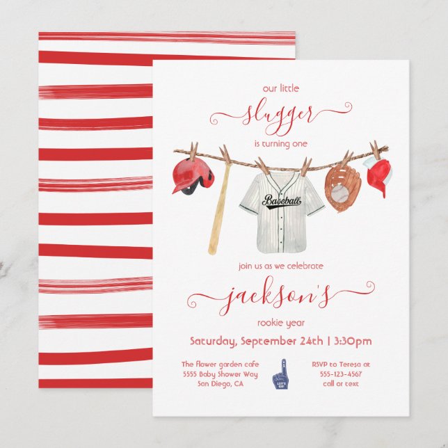 Little slugger Baseball Clothesline Birthday Party Invitation (Front/Back)