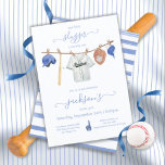 Little slugger Baseball Clothesline Birthday Party Invitation<br><div class="desc">Little Slugger Baseball Clothesline Rookie Year Birthday Party Invitations. Features watercolor baseball jersey, helmet, sports cap, bat, baseball and glove on clothesline in muted beige, tan and blue colours. All wording can be changed, to any age birthday or to a baby shower. To make more changes go to Personalise this...</div>