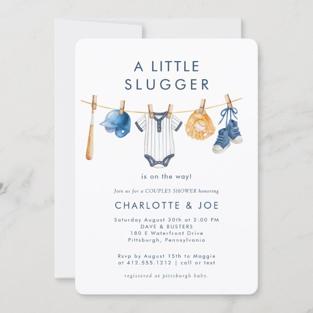 Little Slugger Baseball Clothesline Couples Shower Invitation (Front)
