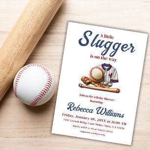 Little Slugger Blue Boy Sport Baseball Baby Shower Invitation