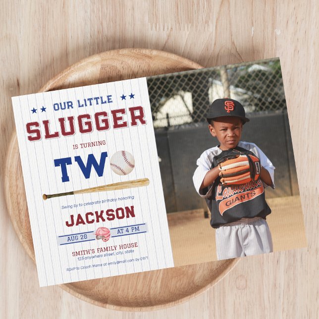 Little Slugger Boy 2nd Birthday Baseball Photo Invitation (Creator Uploaded)
