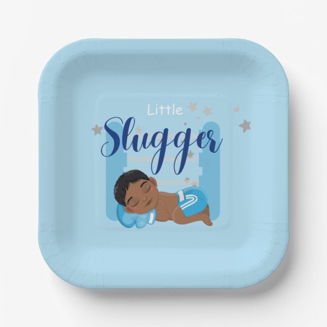 Little slugger boy baby  paper plate (Front)