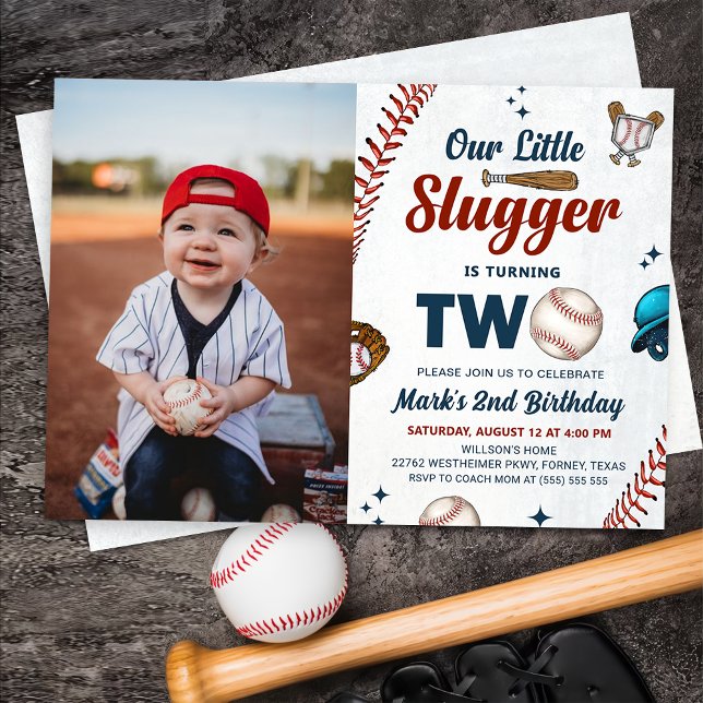 Little Slugger Boys Baseball 2nd Birthday Photo Invitation (Creator Uploaded)