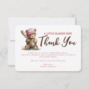 Little Slugger Teddy Bear Baseball Boy Baby Shower Thank You Card
