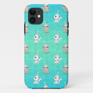 Little Snow Bunnies in Hats and Scarves Pattern iPhone 11 Case