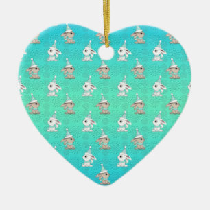Little Snow Bunnies in Hats and Scarves Pattern Ceramic Tree Decoration
