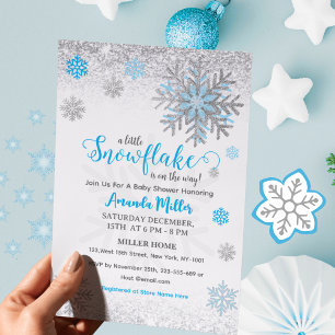 Little Snow Flake Blue Silver Glittery Baby Shower Invitation