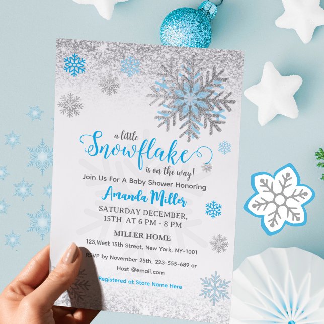 Little Snow Flake Blue Silver Glittery Baby Shower Invitation (Creator Uploaded)