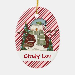 Little Snow Guys Candy Cane Snowman Cutie Ceramic Tree Decoration