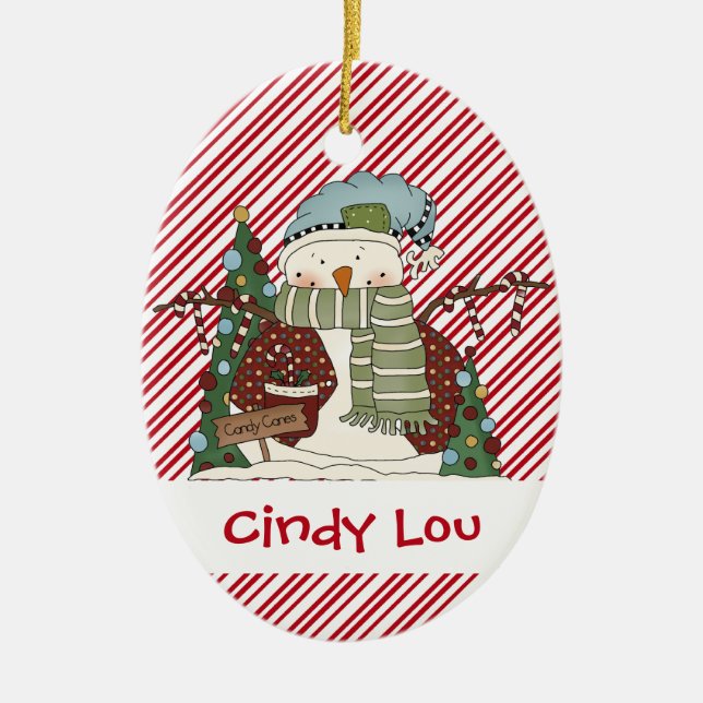 Little Snow Guys Candy Cane Snowman Cutie Ceramic Tree Decoration (Front)