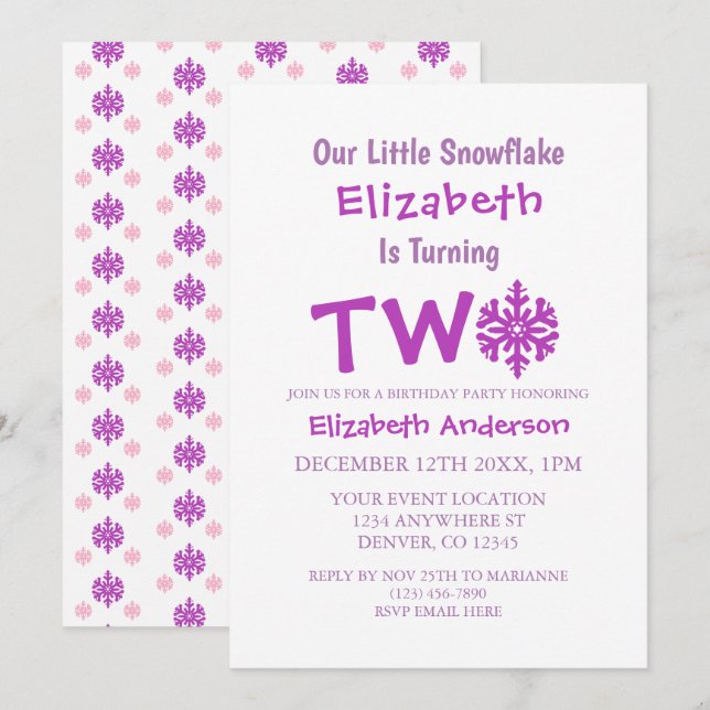 Little Snowflake 2nd Birthday Invitation (Front/Back)
