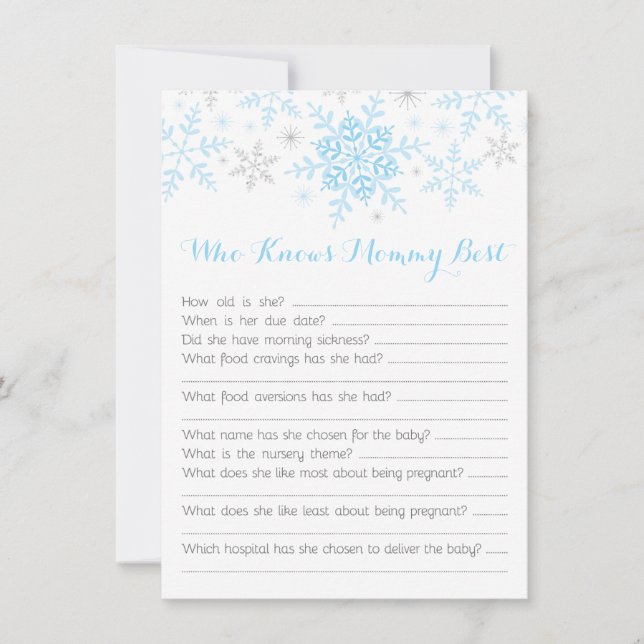 Little Snowflake Baby Boy Shower Mummy Quiz Blue Invitation (Front)