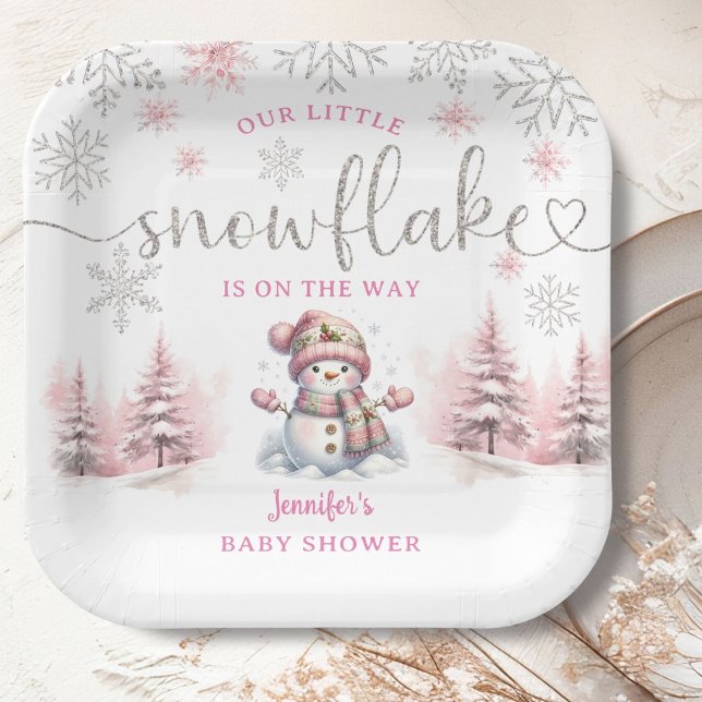 Little Snowflake Baby Shower Girl Pink Paper Plate (Creator Uploaded)