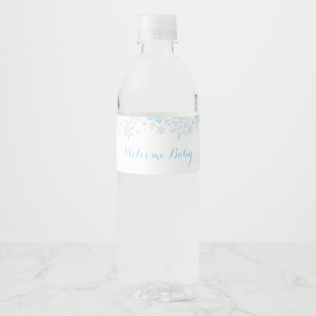 Little Snowflake Baby Shower Water Label, Blue Water Bottle Label (Front)