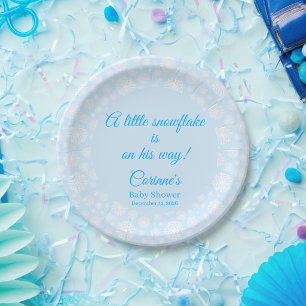 Little snowflake blue baby boy shower paper plate