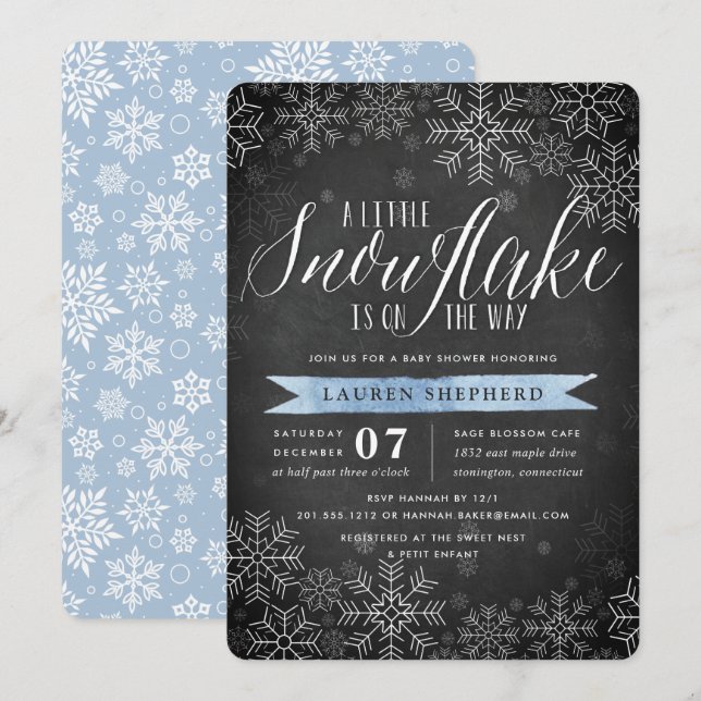 Little Snowflake Blue Chalkboard Baby Shower Invitation (Front/Back)