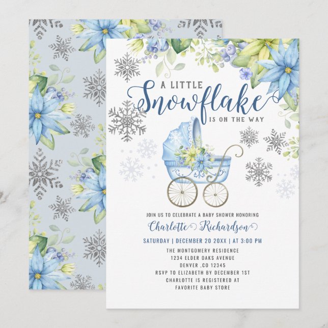 Little Snowflake Blue Floral Winter Baby Shower Invitation (Front/Back)