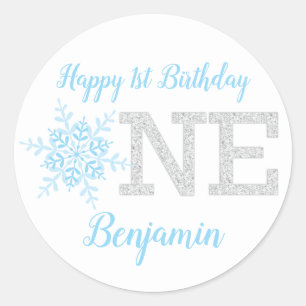 Little Snowflake Blue Silver Glitter 1st Birthday Classic Round Sticker