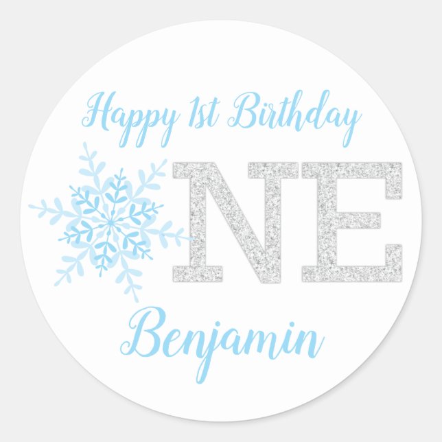 Little Snowflake Blue Silver Glitter 1st Birthday Classic Round Sticker (Front)