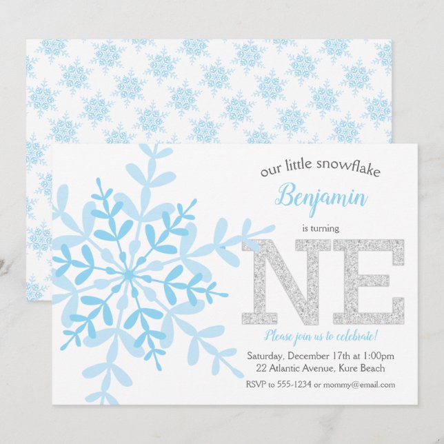 Little Snowflake Blue Silver Glitter 1st Birthday Invitation (Front/Back)