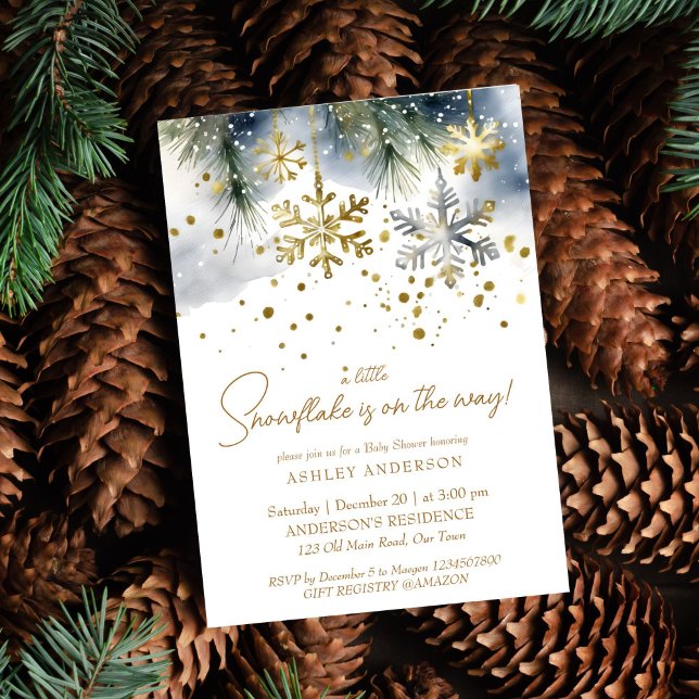 Little snowflake boho winter baby shower invitation (Little snowflake boho winter baby shower editable template invitation digital download gold green)