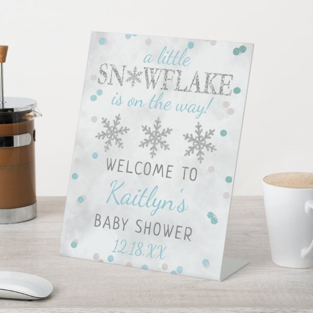 Little Snowflake Boys Winter Baby Shower Welcome Pedestal Sign (In SItu)