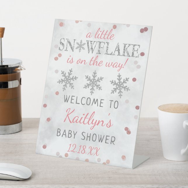 Little Snowflake Girls Winter Baby Shower Welcome Pedestal Sign (In SItu)