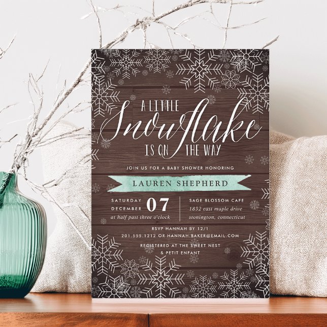 Little Snowflake Mint Rustic Wood Baby Shower Invitation (Creator Uploaded)